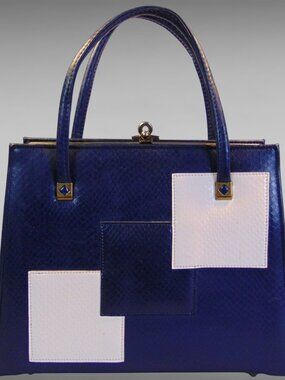 Vintage 50s 60s Navy Leather Handbag Geometric MCM Atomic Frame Purse